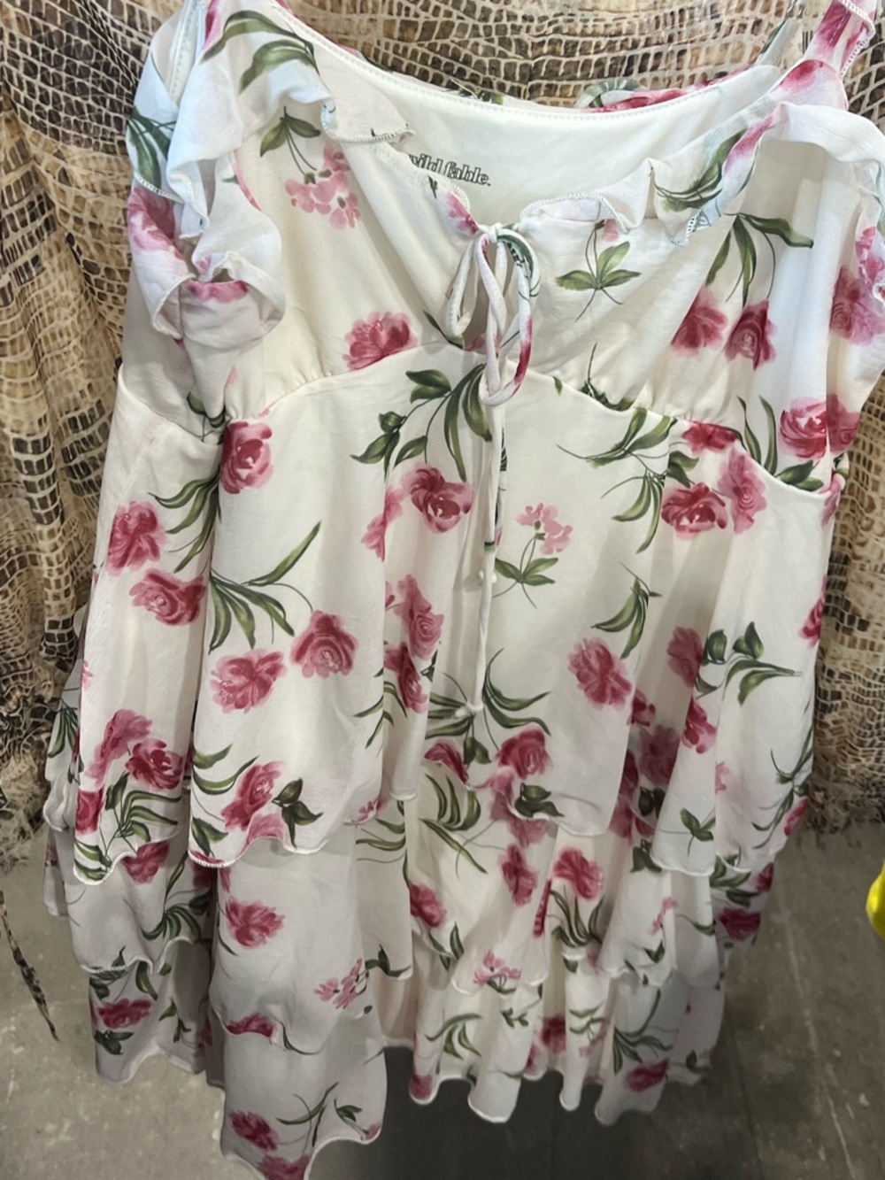 Cream Floral Tiered Cold-Shoulder Dress with Pink Roses - Picture 2 of 2